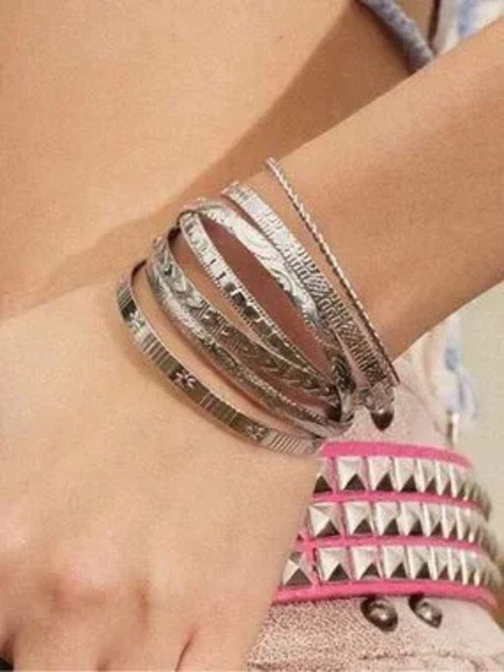 Multi-Textured Silver Bangle Bracelet